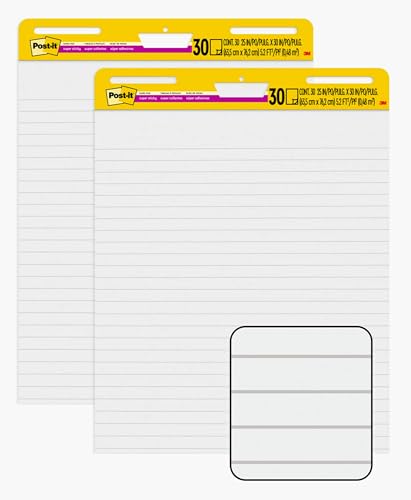 Post-it Super Sticky Easel Pad, Great for Virtual Teachers and Students, 25 x 30 Inches, 30 Sheets/Pad, 2 Pads, Lined Premium Self Stick Flip Chart Paper, Teacher Anchor Chart