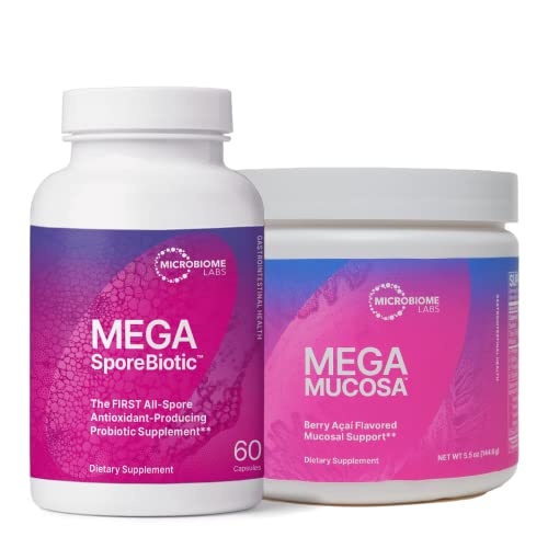Microbiome Labs MegaSporeBiotic (60 Capsules) + MegaMucosa (5.5oz Powder) Probiotic and Gut Mucosal Support Bundle - Spore-Based Probiotic with Immunoglobulins, Amino Acids Powder Supplement