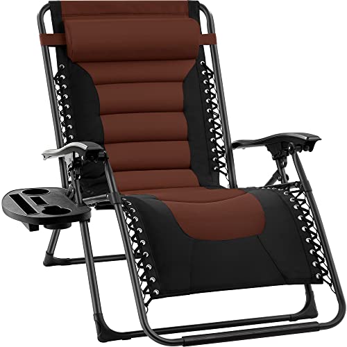 Best Choice Products Oversized Padded Zero Gravity Chair, Folding Outdoor Patio Recliner, XL Anti Gravity Lounger for Backyard w/Headrest, Cup Holder, Side Tray, Polyester Mesh - Black/Brown