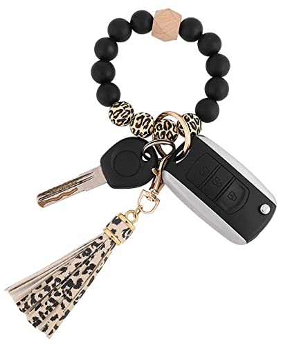 BAOSIWA Women Silicone Bracelet Keychain Wristlet Beaded Key Ring Leopard Bangle Chains with Leather Tassel