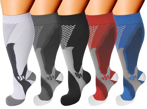 Double Couple 5 Pairs Wide Calf Compression Socks for Men Women 20-30mmhg Extra Plus Size Knee High Support