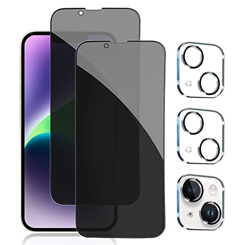 pehael [2+2 Pack iPhone 14 Privacy Screen Protector with Camera Lens Protector Full Coverage Anti-Spy Tempered Glass Film 9H Hardness Upgrade Edge Protection Easy Installation Bubble for [6.1 inch]