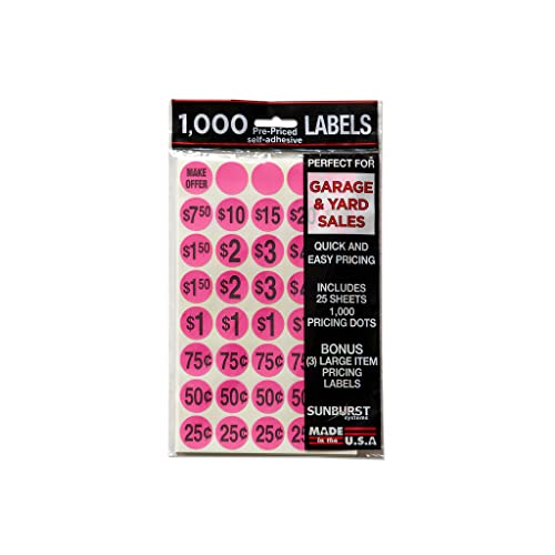 Sunburst Systems 7035 Priced Garage Sale Stickers, 1,000 Count Pre-Printed Labels, Pink