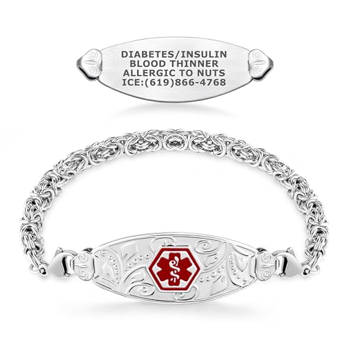 Divoti Custom Engraved Lovely Filigree Medical Alert ID Bracelets for Women with Handmade Byzantine Chains – Red -7.5'