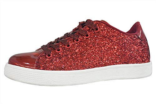 LUCKY STEP Glitter Sneakers Lace up | Fashion Sneakers | Sparkly Shoes for Women (9 B(M) US,Red)