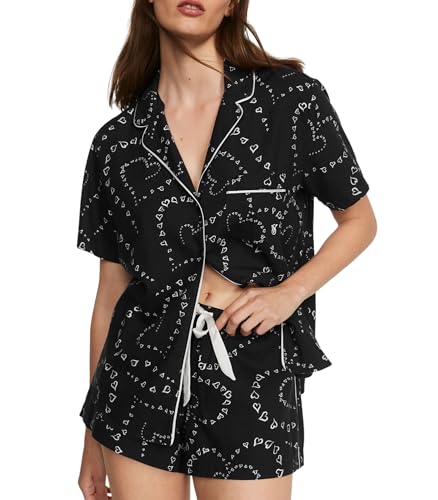 Victoria's Secret Flannel Short Pajama Set, PJ Set for Women, 2 Piece Lounge Set PJs, Flannel Pajamas Women, Women's Sleepwear, Black (M)