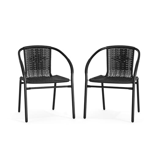 EMMA + OLIVER 2 Pack Black Rattan Indoor-Outdoor Restaurant Stack Chair with Curved Back
