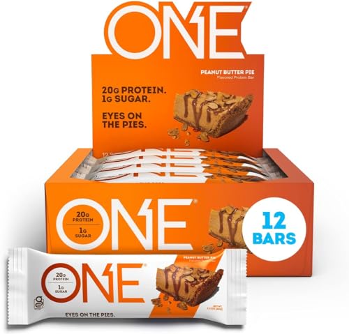 ONE Peanut Butter Pie, New and Improved Recipe, Gluten Free Protein Bars with 20g Protein and only 1g Sugar, Guilt-Free Snacking for High Protein Diets, 2.12 oz (12 Count)