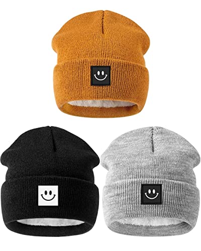 Hispeka Baby Beanie Hat 3 Packs with Cute Smiley Face, Toddler Girls Boys Baby Hats Winter, Kids Winter Hat Cold Weather Camel & Black & Light Grey