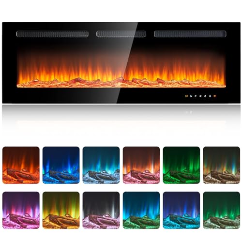 oneinmil Electric Fireplace, 50 inch Wide Recessed/Wall Mounted Electric Fireplace, Remote Control with Timer 12 Adjustable Color Flame, Remote Control,with Crystal Stone, 750/1500W