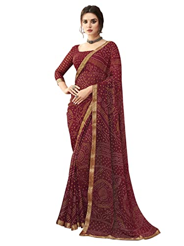 SIRIL Women's Bandhani Printed & Lace Chiffon Saree with Blouse(2202S872_Maroon1)