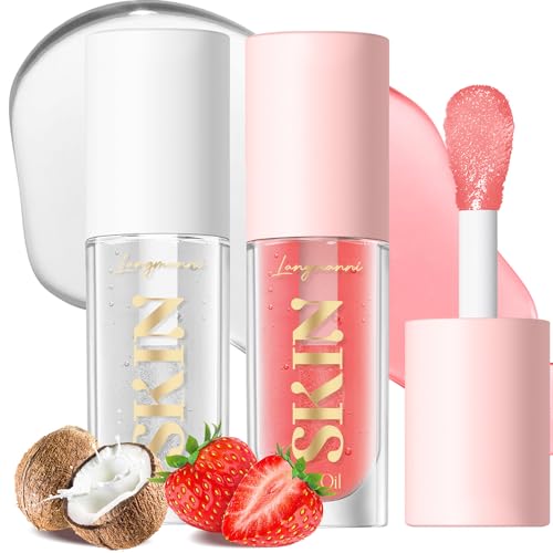 BANGFENG 2Pack Non-sticky Lip Oil, Moisturizing Glossy/Shiny Lip Gloss Oil PlumpingTint, Hydrating Lip Gloss Lip Balm, Long Lasting Nourishing Fruit Flavoure Lip Oils(Strawberry + Coconut)