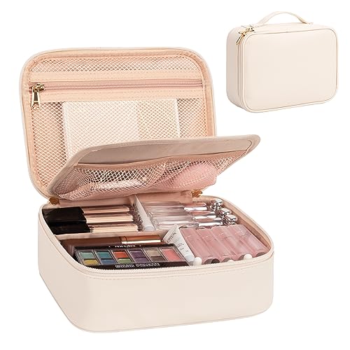 Makeup Bag, Potable Make up Bag Cute Makeup Organizer Bag for Toiletry Cosmetics Accessories with Divider and Brushes Compartments, Makeup Travel Case Cosmetic Bags Women and Girls- Beige White