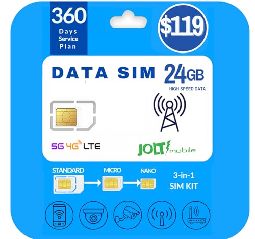 Jolt Mobile Data SIM Card - 24GB Internet 360 Day Data Plan on AT&T 5G 4G LTE Network Compatible with Any Unlocked IoT Devices - USA Coverage - Business-Office-Home Use. - Triple Cut SIM