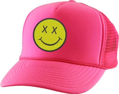 ALLNTRENDS Adult Trucker Hat Smiley Face Embroidered Baseball Cap Adjustable Snapback (Neon Pink)