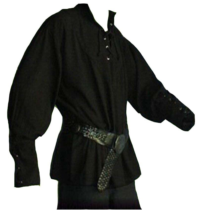 JIEFULL Men's Medieval Pirate Costume- Vintage Stand Collar Bandage Blouse- Mercenary Scottish Wide Cuff Shirt(Black L)