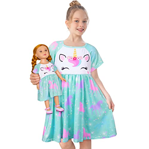 Play Tailor Doll and Girl Matching Nightgown Unicorn Outfit Pajamas Night Dress for Girls and 18' Dolls Clothes (Doll Not Included), 4-5T, Mint Green