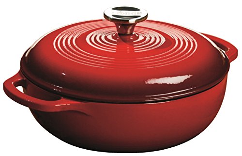 Lodge 3 Quart Enameled Cast Iron Dutch Oven with Lid – Dual Handles – Oven Safe up to 500° F or on Stovetop - Use to Marinate, Cook, Bake, Refrigerate and Serve – Island Spice Red