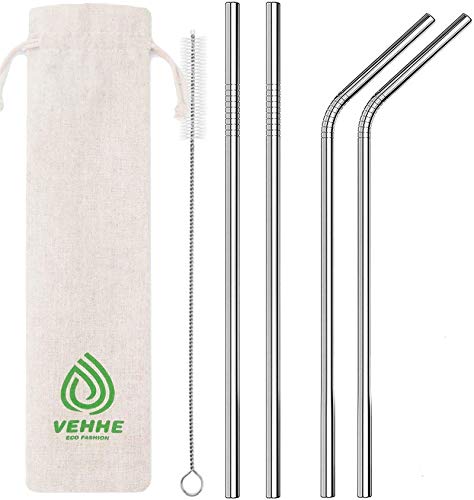 VEHHE Metal Straws Stainless Steel Straws Drinking Straws Reusable - 10.5' Ultra Long 4 + 1 - W/Cleaning Brush for 20/30 Oz for Yeti RTIC SIC Ozark Trail Tumblers (2 Straight|2 Bent|1 Brush)