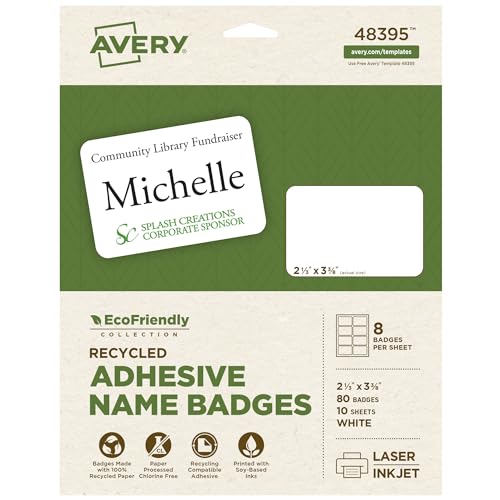 Avery EcoFriendly Recycled Name Tags, 2-1/3' x 3-3/8', White, Removable Adhesive, 80 Printable Name Badges (48395)