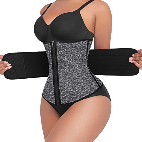 FeelinGirl Women's Neoprene Workout Top Shirt Waist Trainer Corset Trimmer Belt Body Shaper Cincher Zipper Slimming L Grey