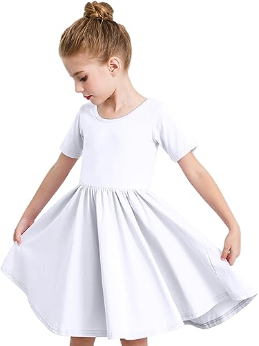 Stelle Girls Dresses Skater Twirly Stretch A-line Toddler Solid Color Kneelength Dress(White-6 Years)