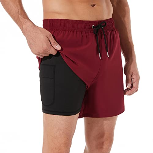 BRISIRA Mens Swim Trunks Swim Shorts Quick Dry 5 inch Inseam Beach Shorts with Compression Liner and Zipper Pocket WineRed