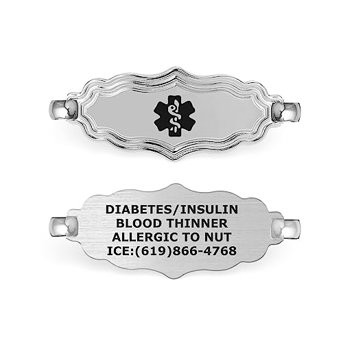 Divoti Custom Engraved 316L Medical ID Tags - Victorian Art Deco Womens Medical ID Tag for Bracelet - Horizontally Connect - Black