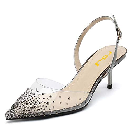 FSJ Women Sparkle Rhinestone Studded Kitten Low Heels Slingback Pumps Pointed Toe Wedding Evening Shoes Size 9 Grey