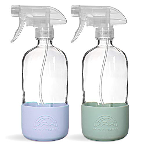 SAVVY PLANET - Glass Spray Bottles for Cleaning, Silicone Sleeve Bottom for Protection, Reusable Glass Spray Bottles 16 Oz With Adjustable Nozzle Settings (2 Pack)