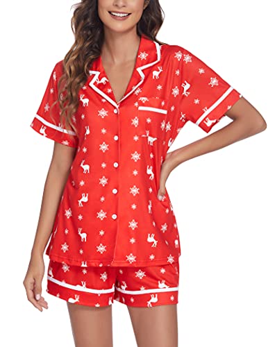 Ekouaer Cute Reindeer Christmas Pjs Short Sleeve Sleepwear Women Pajamas Set (Christmas Printed Red)