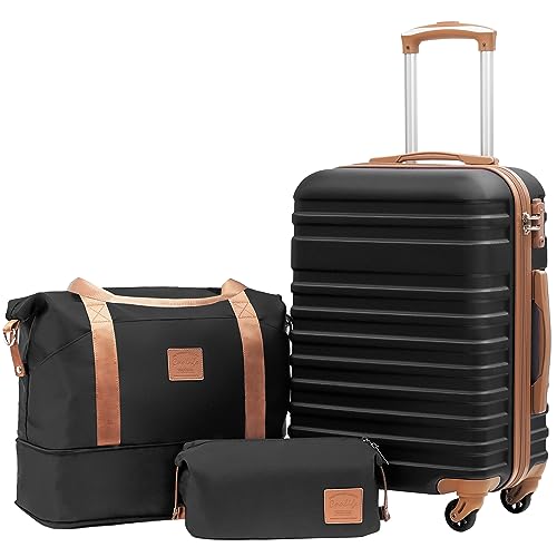 Coolife Suitcase Set 3 Piece Luggage Set Carry On Hardside Luggage with TSA Lock Spinner Wheels (Black, 3 piece set (DB/TB/20))