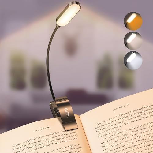 Gritin 16 LED Rechargeable Book Light for Reading in Bed - Eye Caring 3 Color Temperatures, Stepless Dimming Brightness,80Hrs Runtime,Lightweight Flexible Clip On Book Light for Book Lovers