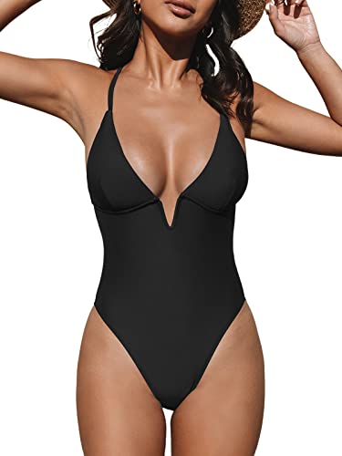 CUPSHE Women Swimsuit One Piece Bathing Suit Deep V Neck Crisscross Back Adjustable Strap Black M