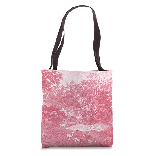 Elegant Red Toile Country Scene with Farmhouse in France Tote Bag