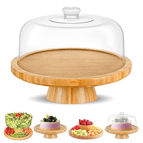 Bamboo Cake Stand with Dome Multi Function 6 in 1 Cake Holder Serving Platter, (12') Round Veggie Stand and Salad Bowl, Decorative Display Cake Stand with lid