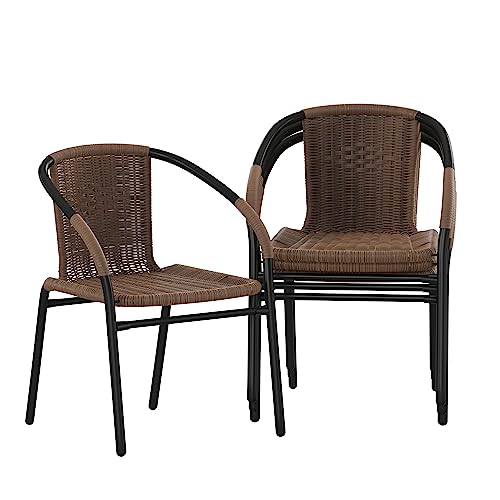 Flash Furniture Lila Modern Rattan Indoor/Outdoor Stackable Dining Chairs, Stacking Rattan Bistro Chairs for Patio or Restaurant, Set of 4, Brown