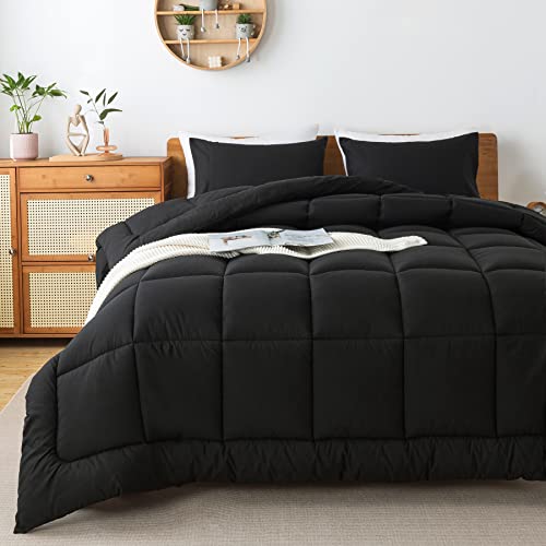 WhatsBedding Black Queen Comforter Set, Lightweight All Season Soft Down Alternative Bed Comforter, 3 Pieces Bedding Set with 2 Pillowcases, Queen Size, 88'x90'