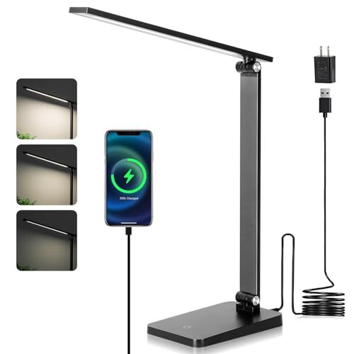 LED Desk Lamp for Home Office, 3 Levels Dimmable Desk Light with USB Charging Port, Small Study Lamp, Reading Light for Table, Black, 5000K