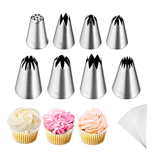 Kasmoire 8Pcs Large Piping Tips Set,Stainless Steel Icing Tips with 10 Disposable Pastry Bags for Cake Decorating