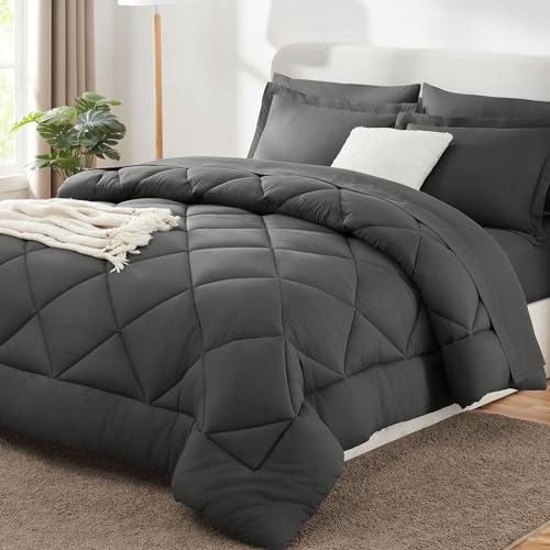 CozyLux Queen Bed in a Bag 7-Pieces Comforter Sets with Comforter and Sheets Dark Grey All Season Bedding Sets with Comforter, Pillow Shams, Flat Sheet, Fitted Sheet and Pillowcases