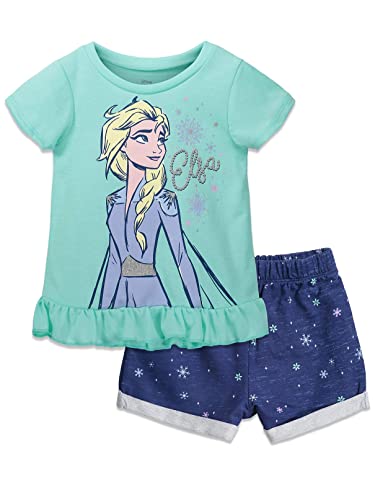 Disney Frozen Elsa Toddler Girls T-Shirt and French Terry Shorts Outfit Set Mint 4T