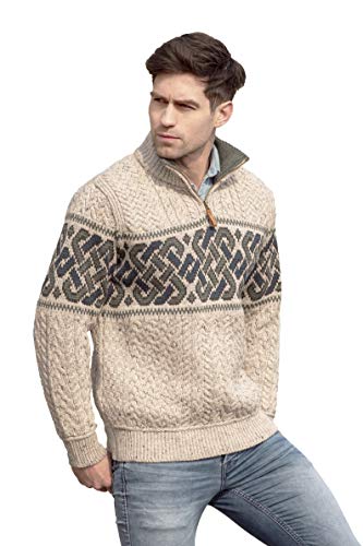 Aran Crafts Men's Irish Cable Knit Wool Half Zip Jacquard Sweater (X4843-XL-OAT) Oatmeal