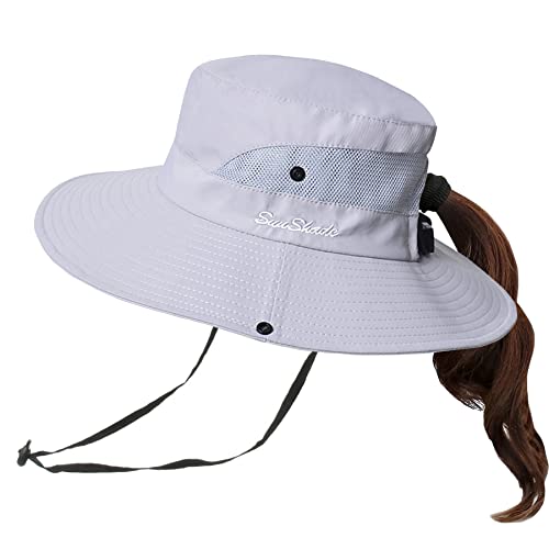 NPJY Ponytail Sun Hat Womens Men 3” Wide Brim UPF 50+ Fishing Beach Bucket Hats Lightgrey