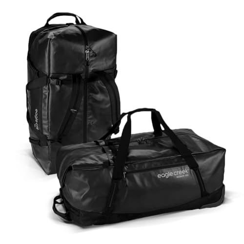 Eagle Creek Migrate Wheeled Duffel 130L Travel Bag - Featuring Durable Water-Resistant 100% Recycled Materials, Wide Mouth Opening, and Tuck Away Backpack Straps, Black