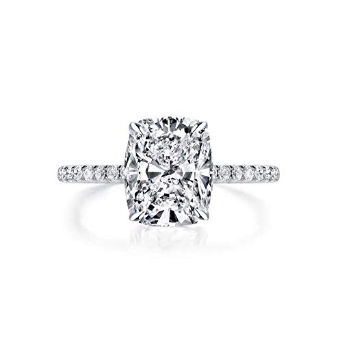 Bo.Dream Cushion Cut 3ct Cubic Zirconia CZ Platinum Plated Sterling Silver Engagement Rings Women (6.5)