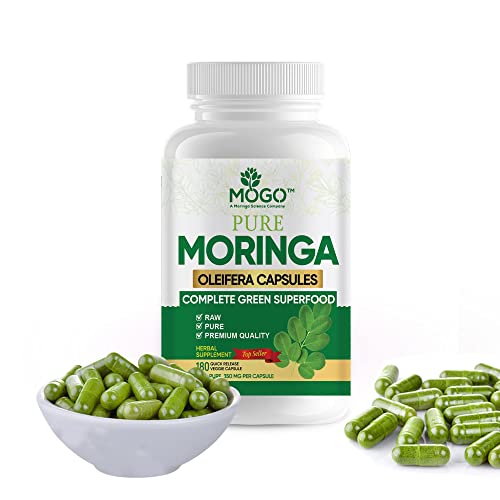 MOGO Moringa Oleifera Capsules | 100% Pure Single Origin Moringa Leaf Powder Supplement | Nutrient-Rich Vegetarian Green Superfood for Immune System, Energy, Metabolism, & Lactation | 180 Capsules