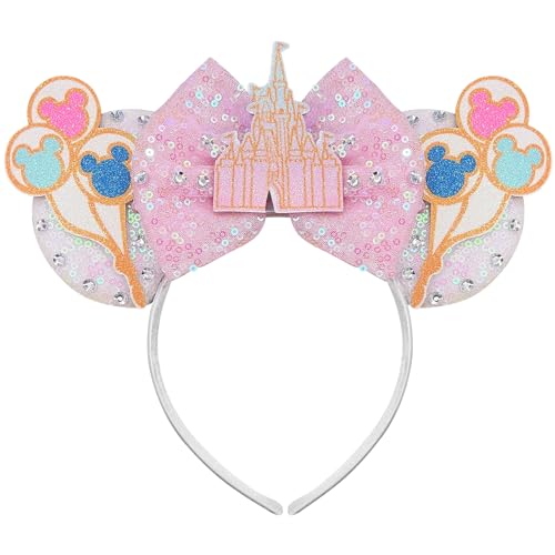 Bolonar Castle Mouse Ears Headband Sequin Pink Mouse Ears for Girls Mouse Ears Bow Headbands Christmas Headbands for Women Kids Adults