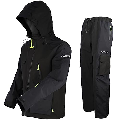 NAVIS MARINE Men's Reinforced Workwear Tech Membrane Rain Jacket & Durable Work Pants All-Weather Work Gear (Black X-Large)