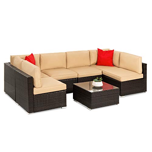 Best Choice Products 7-Piece Modular Outdoor Sectional Wicker Patio Conversation Set w/ 2 Pillows, Coffee Table, Cover Included - Brown/Tan